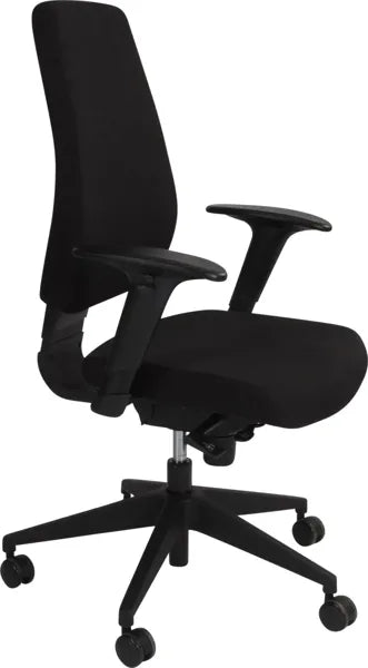 Canadian Ergo kontorstol i sort set fra siden. Ergonomisk stol med pulverlakeret stel, justerbart ryglæn og bløde hjul.